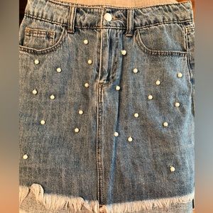 Francesca’s Pearl Embellished Denim Skirt - Small